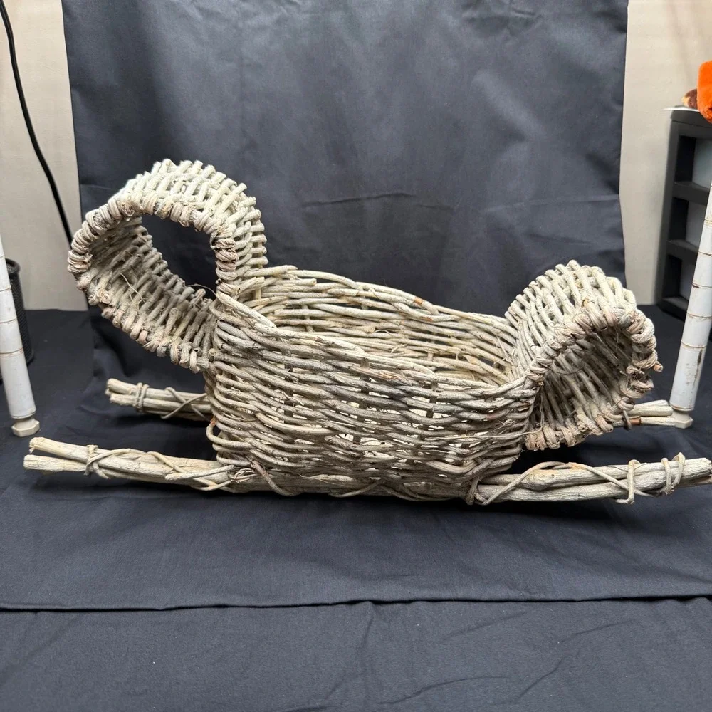 Rustic Wicker Sleigh Basket Christmas Decor Weathered Gray Twig Centerpiece 17in